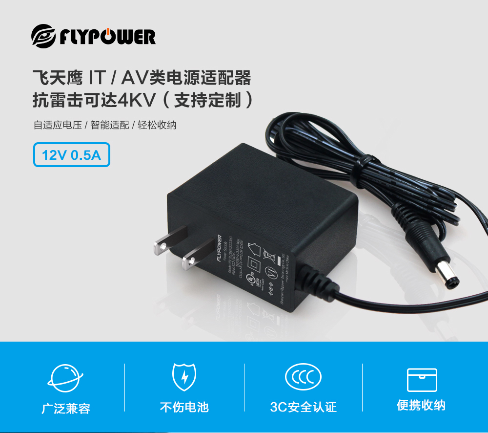 抗雷擊12V0.5A電源適配器，多款規格，認證齊全